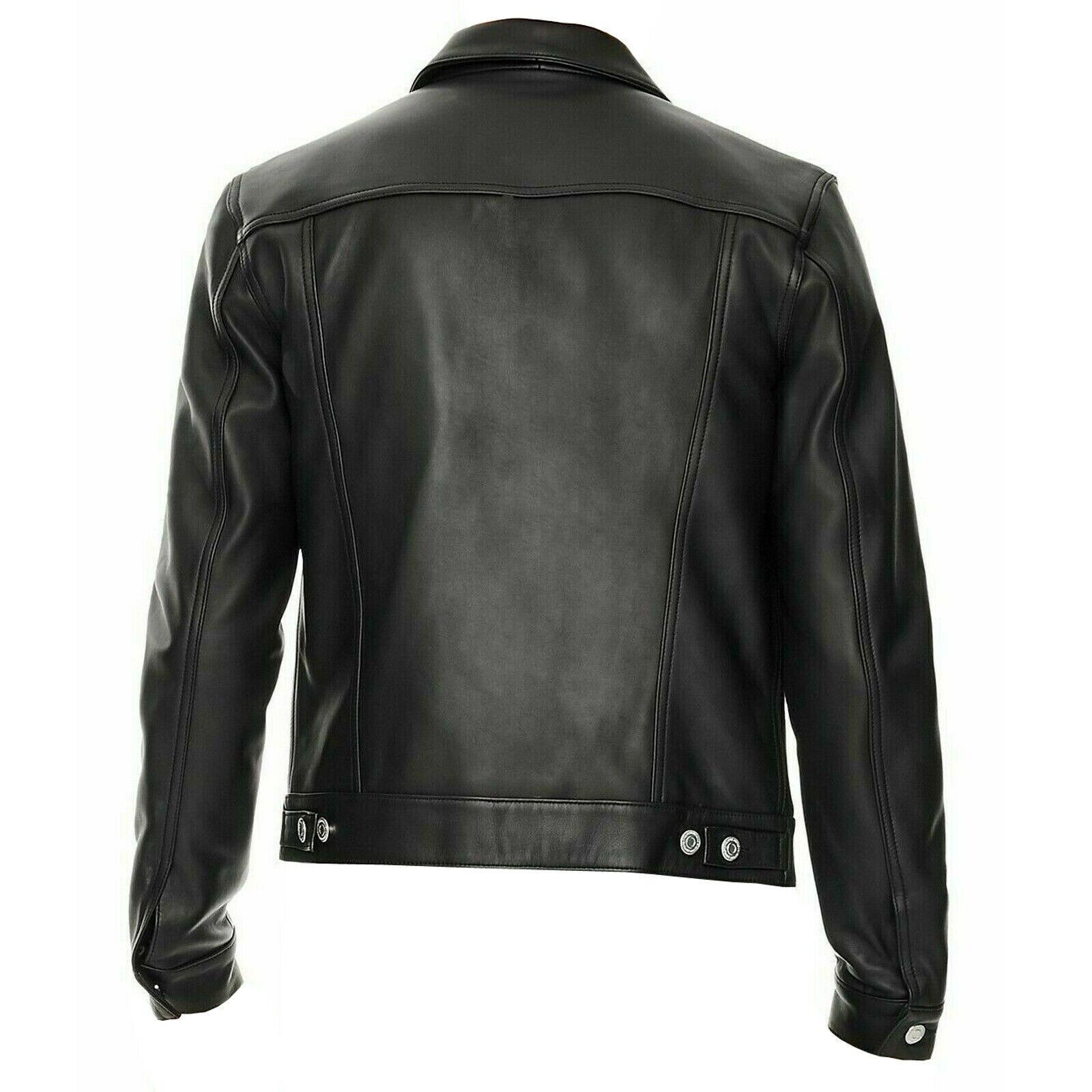 Men's Black LEATHER Shirt Motorcycle Light Weight Full sleeve Snap buttons Biker