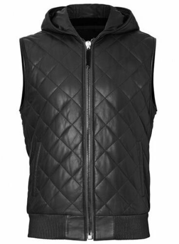 Genuine Lambskin Black Leather Men's Leather Vest Quilted Hooded Vest