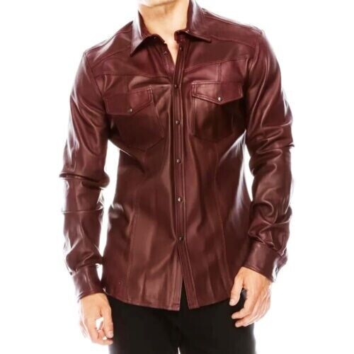 Men's brown Leather Shirt Motorcycle Light Weight Full sleeve Snap buttons Biker