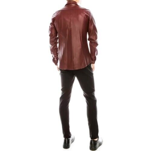 Men's brown Leather Shirt Motorcycle Light Weight Full sleeve Snap buttons Biker